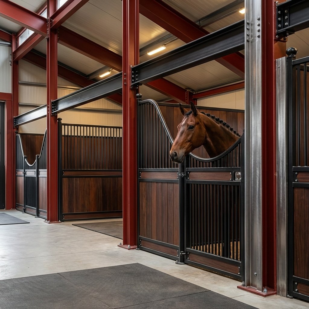 Hyperrealistic product photography of a modern red iron Horse Stable interior, sleek black steel I-beams supporting premium horse stalls, a healthy bay horse looking out from stall, dramatic cinematic lighting, 8k resolution, highly detailed metal texture, clean background, no text --ar 16:9 --v 6.0