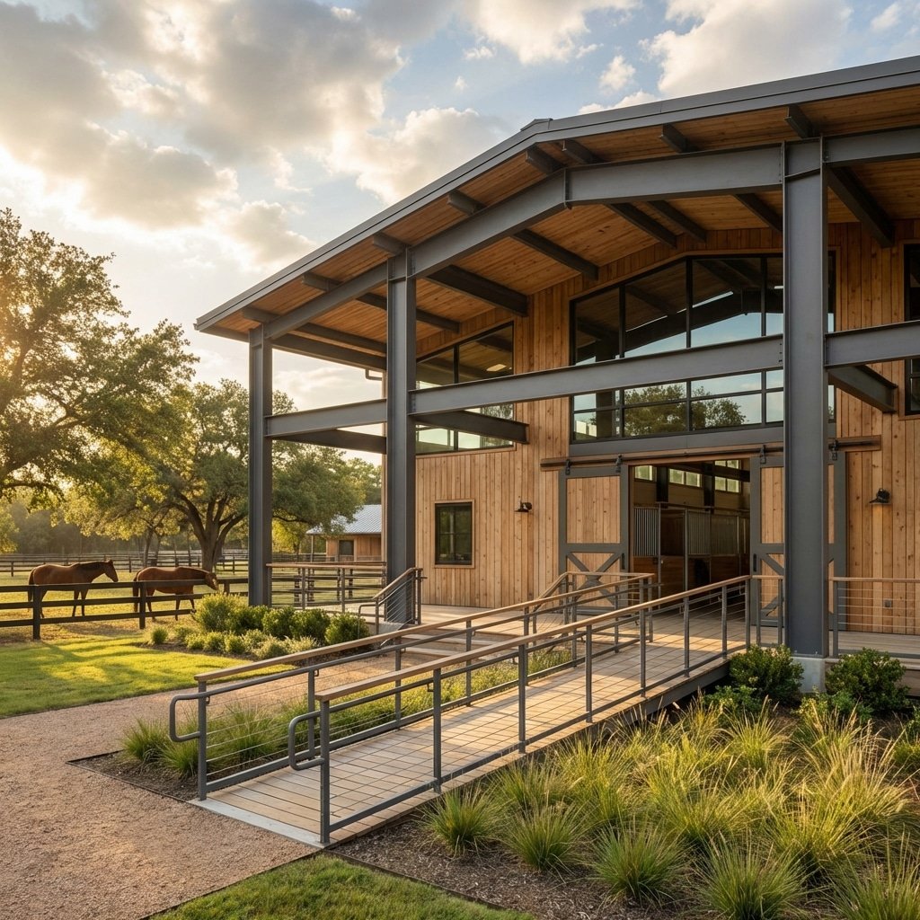 Hyperrealistic architectural photography of a modern therapeutic riding barn exterior, Q345B high strength steel structure, wheelchair accessible ramp, warm sunlight, clean lines, professional commercial real estate style, 8k resolution, no text, no signage, no letters, --ar 16:9 --stylize 250 --no text, typography, letters, signage