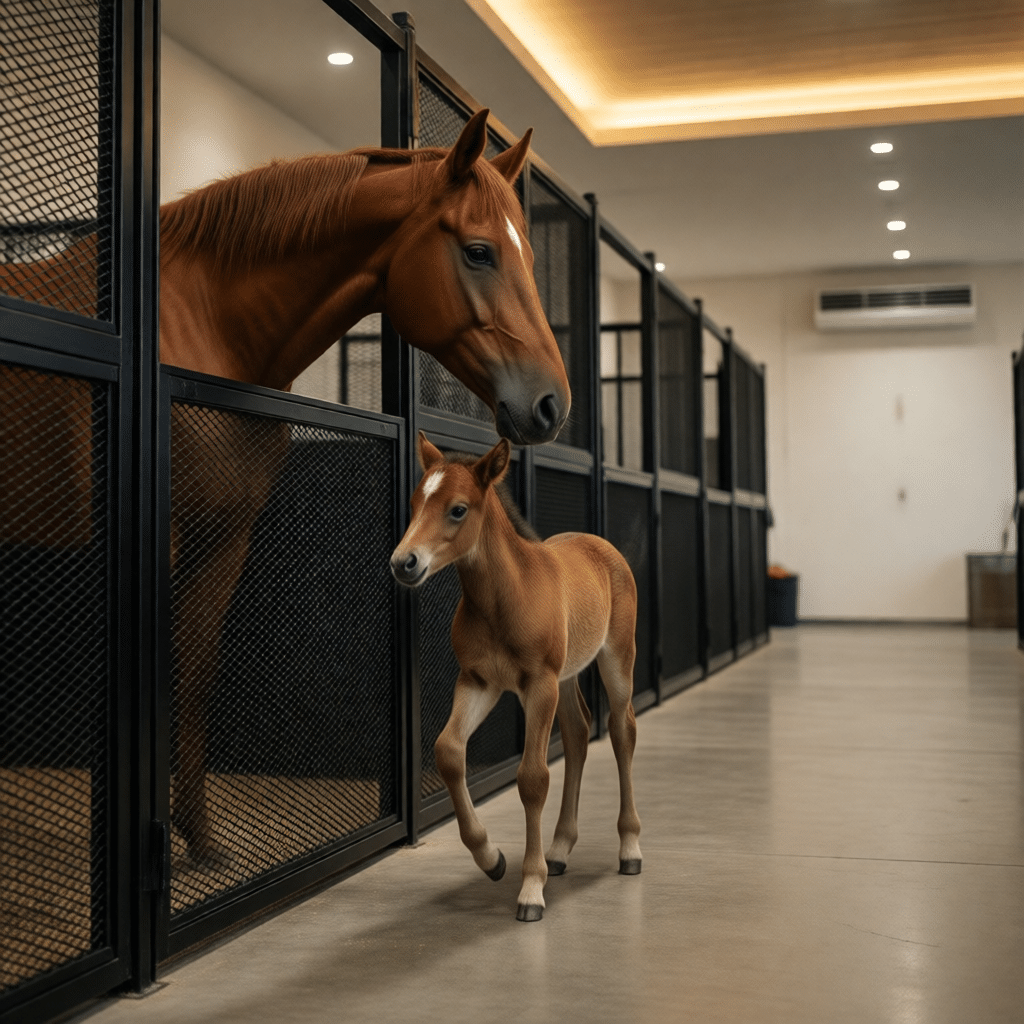 hyperrealistic product photography of a modern luxury horse stable interior, featuring a sturdy black mesh horse stall divider separating a mare and her foal, warm ambient lighting, Q345B steel frame, 50mm mesh apertures, clean industrial design, safe proximity weaning, cinematic depth of field, 8k resolution, no text signage --ar 16:9 --no text, signage, letters, words