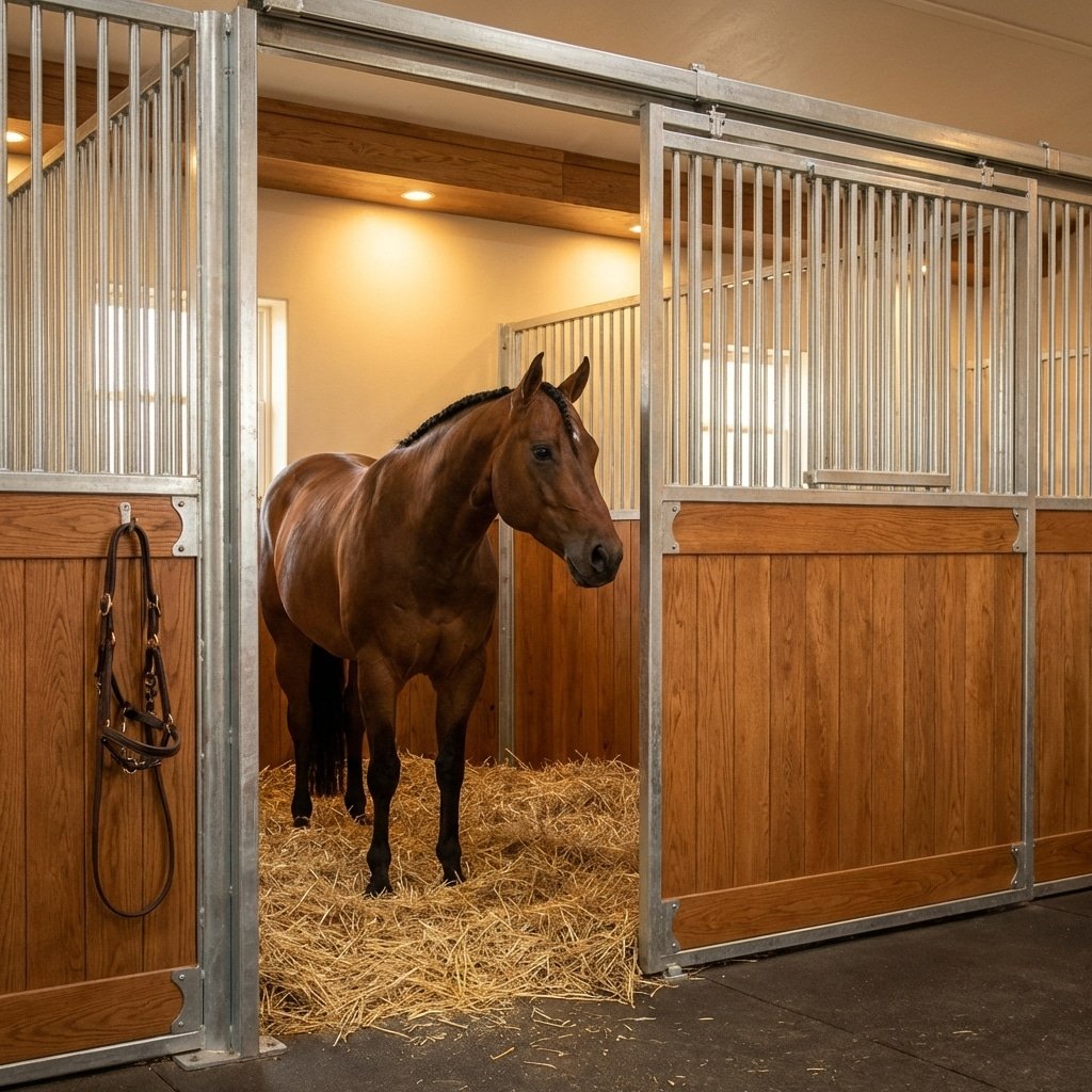 hyperrealistic product photography of a completed premium horse stable interior, a healthy horse standing inside the stall, clean galvanized steel bars, warm wooden accents, soft stable lighting, inviting atmosphere, no text, no signs, no branding, --ar 16:9 --style raw --v 6.0