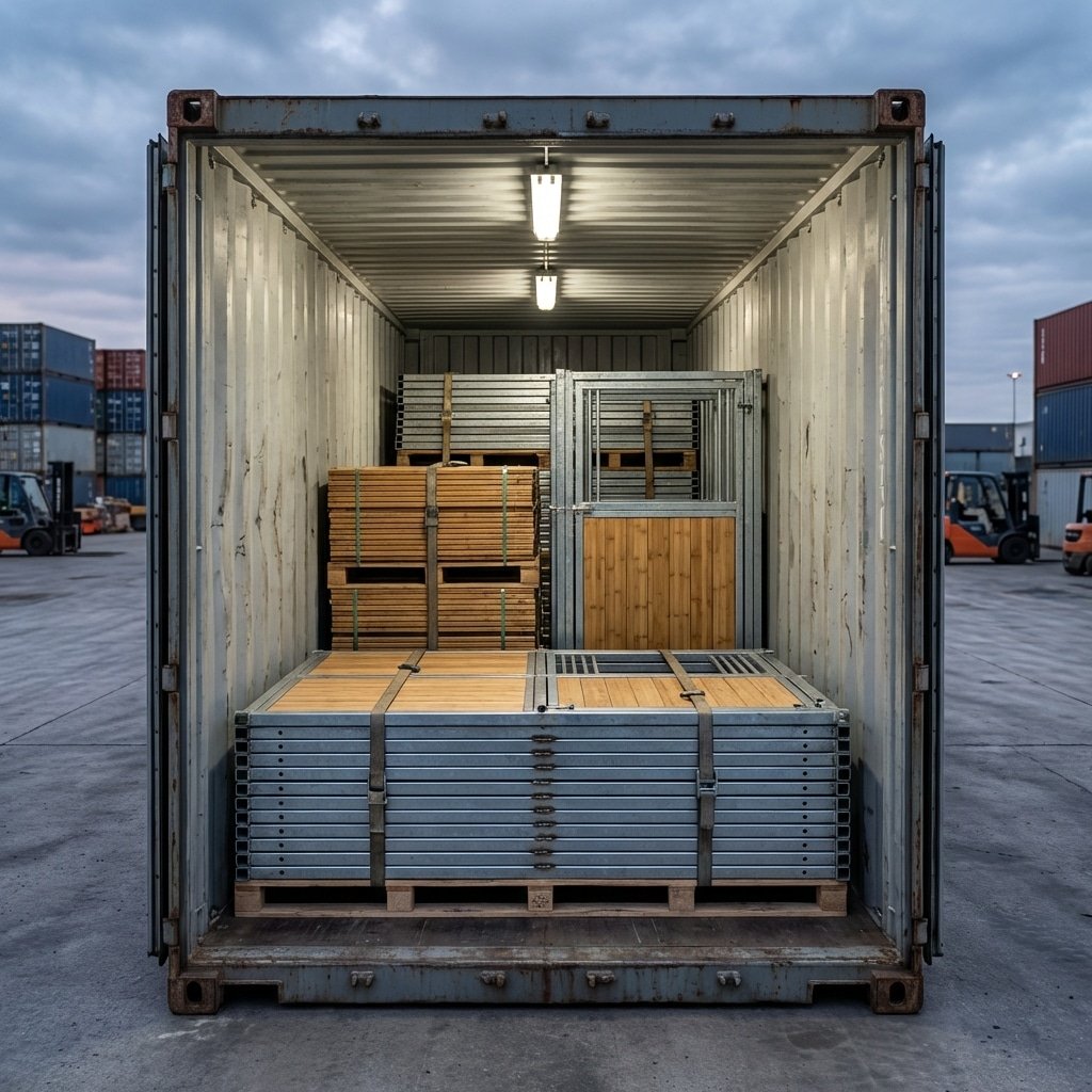 A shipping container open to reveal neatly stacked horse stable equipment, including galvanized steel panels and wooden components, ready for export at a port with forklifts and other containers in the background.