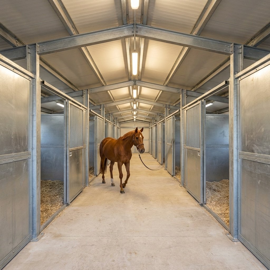 A brown horse walks down a well-lit stable aisle lined with galvanized steel stalls, showcasing durable and modern horse stable equipment.