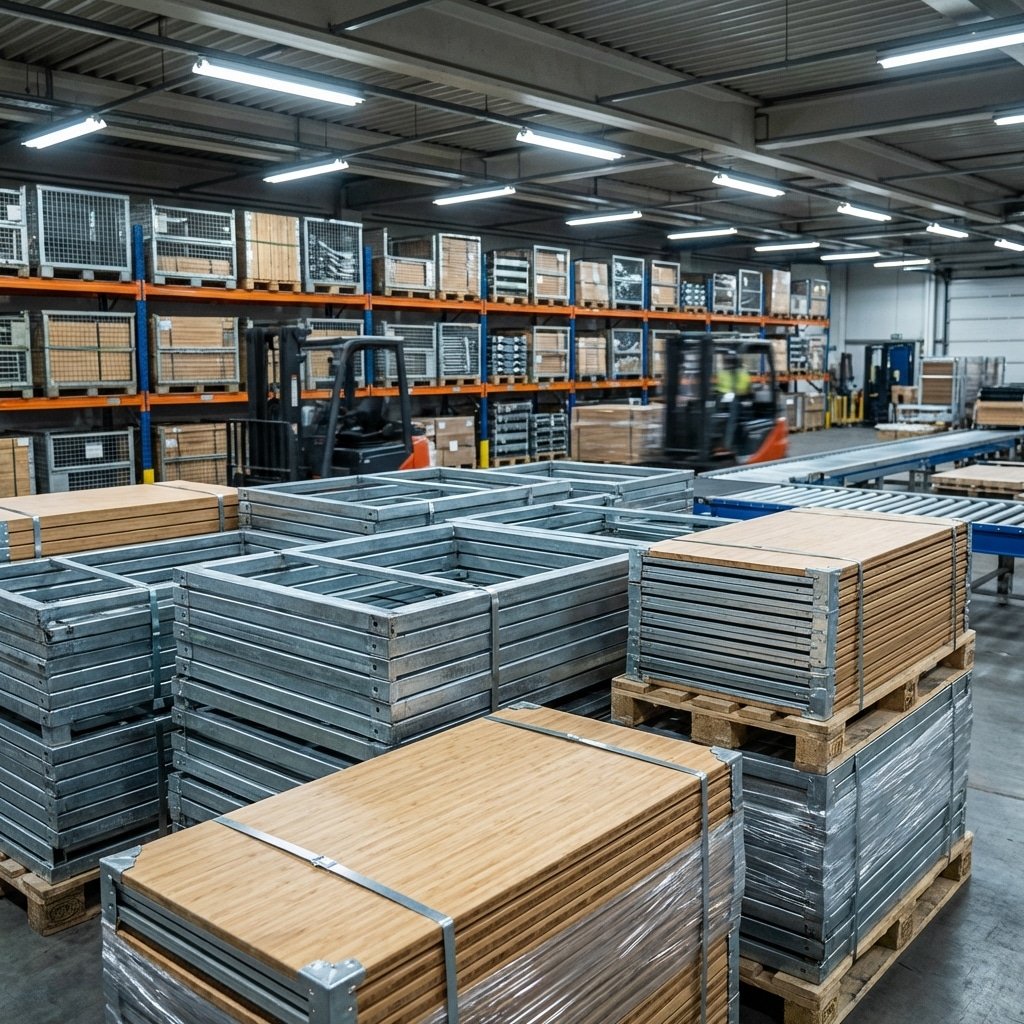 A warehouse filled with stacks of galvanized steel horse stable panels and equipment, neatly organized on pallets under bright industrial lighting.