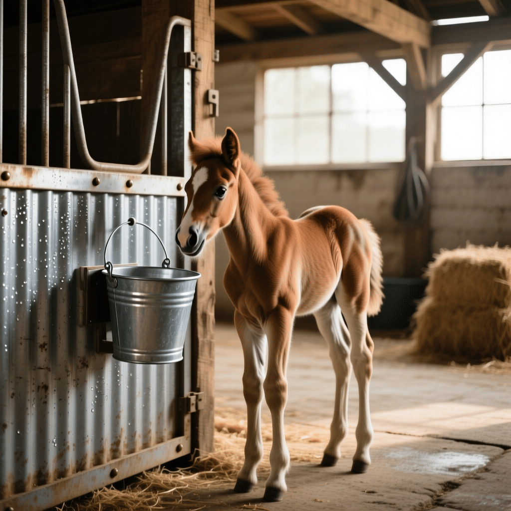 Horse Foal in Stable with Galvanized Feeder A young horse foal stands inside a rustic stable next to a galvanized metal feeder attached to the stall door, with hay bales and wooden beams in the background.