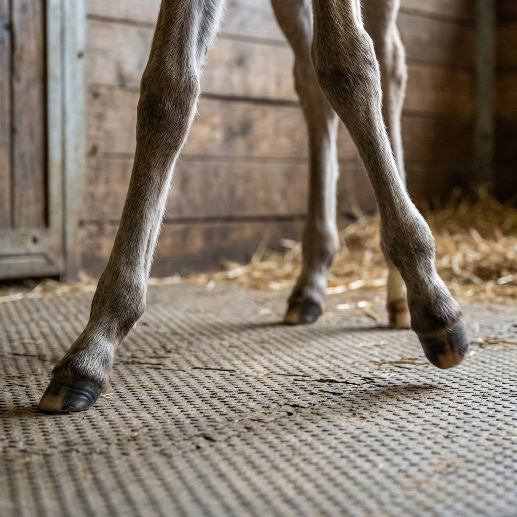 hyperrealistic product photography, close-up of newborn foal legs in motion, slight motion blur showing dysmetric gait, safe rubber flooring, stable wall background, detailed texture, no text, no signage --ar 3:4 --v 6.0