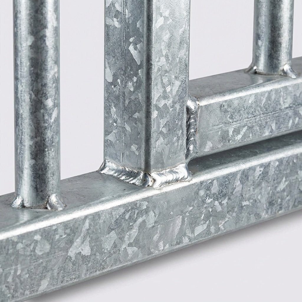 Close-up view of a galvanized steel stable panel featuring vertical bars and horizontal beams with visible welds, showcasing durable construction for horse stalls and related equipment.