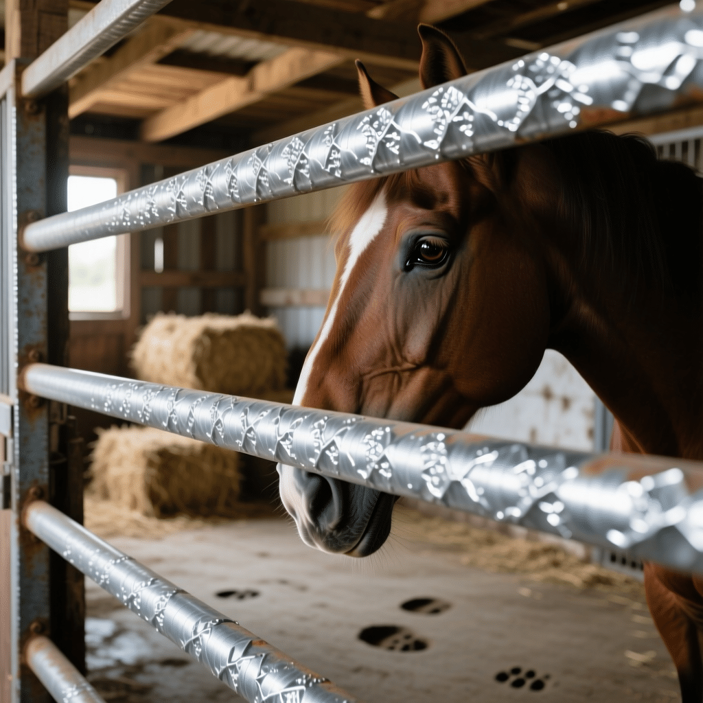 A close-up view of a horse's head peeking through galvanized steel stall bars, with hay bales and stable flooring visible in the background.