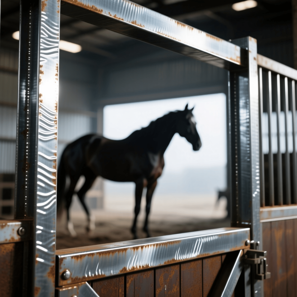 A galvanized steel horse stall gate with a horse visible inside the stable, showcasing durable and rust-resistant equipment for horse care.