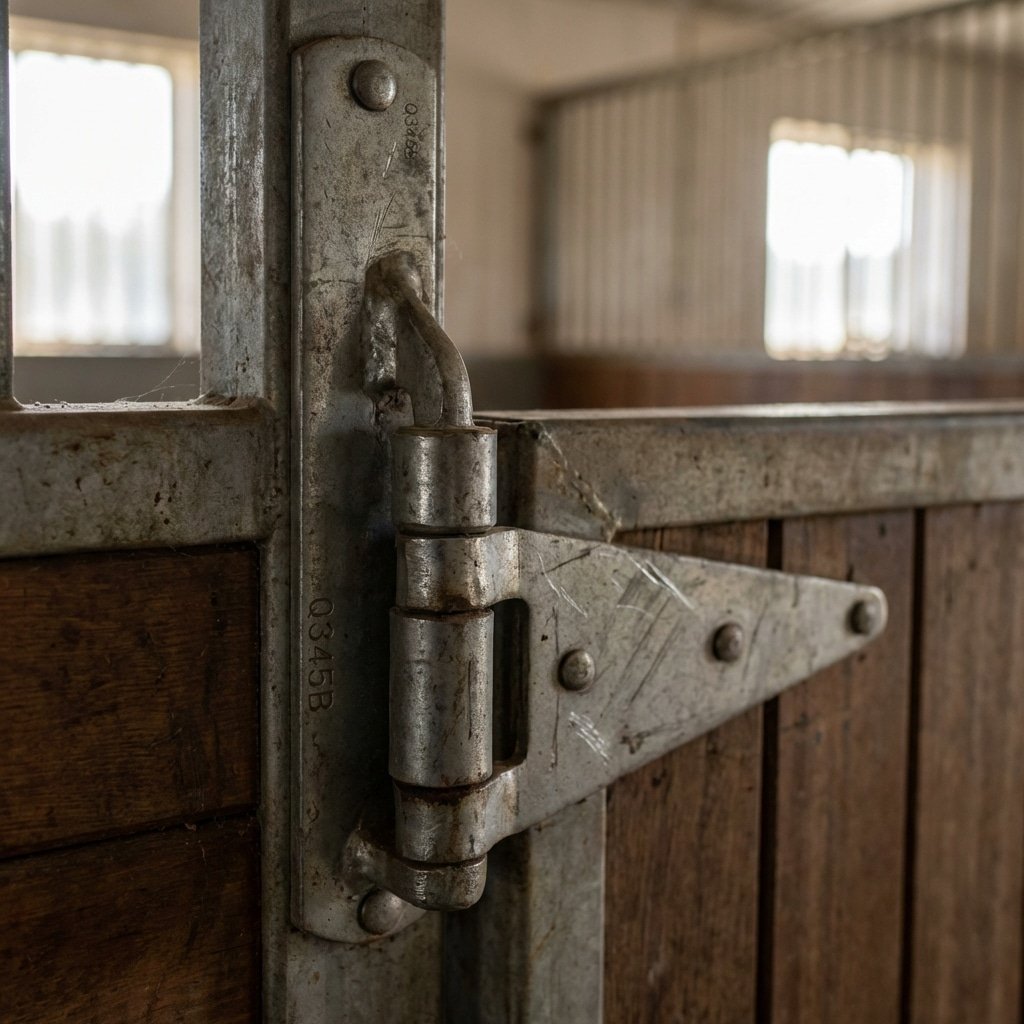 Macro photography of a gravity-assisted pivot mechanism on a horse stall door, Q345B structural steel frame visible, clean horse stable environment, soft natural light from stable windows, high detail on metal grain, horse stall product shot, 16:9, no text --ar 16:9 --no text