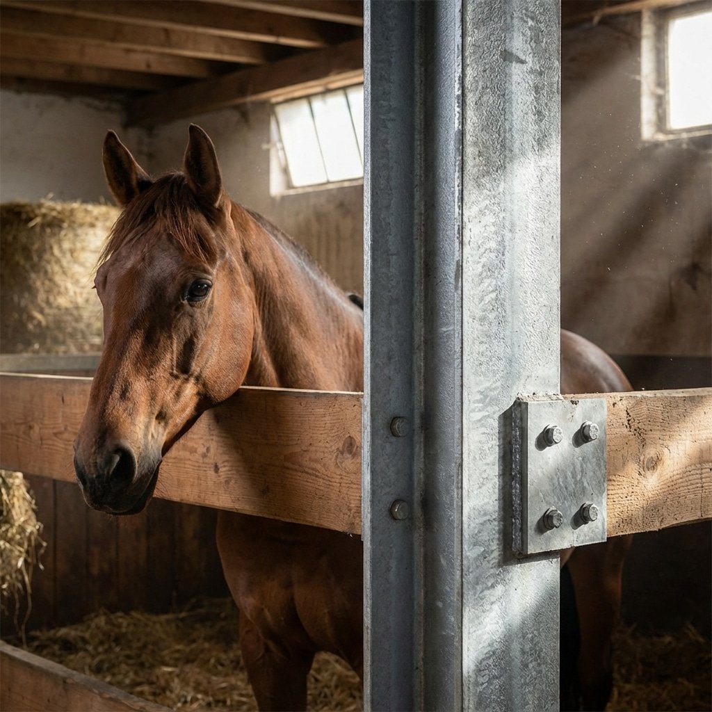 hyperrealistic product photography of a robust horse stall corner post made from 14-gauge Q235B structural steel, hot-dip galvanized surface texture visible, a horse leaning against the sturdy partition safely, emphasizing durability and strength, indoor horse stable environment, dramatic lighting highlighting the metal thickness, horse stalls safety, no text, no signage, 16:9 aspect ratio --ar 16:9 --stylize 250 --v 6.0