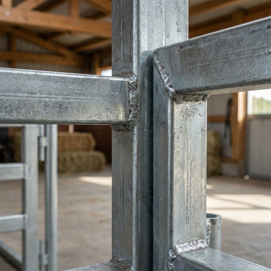 Hyperrealistic product photography of heavy duty horse stall steel framework, 14-gauge Q235B structural steel tubing, visible weld seams sealed with galvanization, robust construction detail, strong lighting highlighting metal thickness and durability, equestrian facility background blurred, strength and reliability, no signage, no text, 16:9 aspect ratio --ar 16:9 --stylize 250 --v 6.0