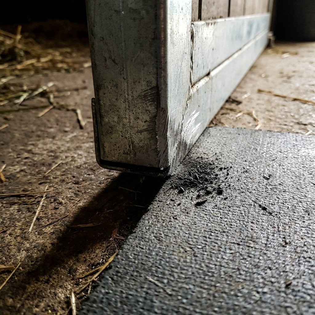 Hyperrealistic product photography low angle macro shot of a sliding horse stall door bottom edge jamming against a 17mm rubber mat, showing friction damage on the metal zinc layer, tight clearance issue, horse stable floor context, dramatic shadowing to emphasize the mechanical conflict, 16:9 aspect ratio, no text, no signage --ar 16:9
