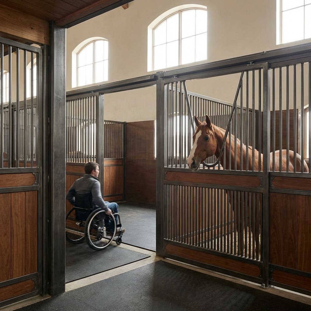 hyperrealistic product photography of interior horse stalls designed for wheelchair accessibility, wide zero-threshold doorways, smooth-glide enclosed track systems, Q345B high strength steel bars, clean rubber flooring, soft natural lighting from windows, a horse looking out safely, spacious layout for maneuverability, architectural interior shot, 16:9 aspect ratio, no text, no letters, no signage --ar 16:9 --style raw --v 6.0