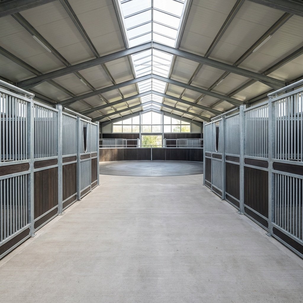hyperrealistic product photography of a wheelchair accessible horse stable design, wide barn aisle with horse stalls on side, spacious turning zone, modern galvanized steel horse stalls, natural daylight, no text, no signage, no letters --ar 16:9 --stylize 250 --v 6.0
