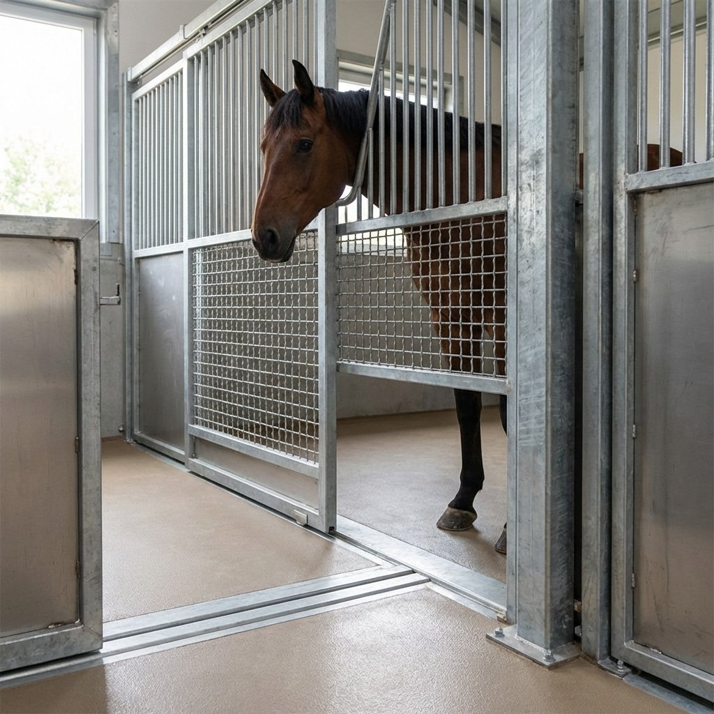 Hyperrealistic product photography of ADA compliant horse stalls interior close-up, zero-threshold track systems at stable doors, heavy-duty galvanized steel bars, wide clearance for mobility devices, a horse looking out calmly, clean industrial aesthetic, soft natural lighting highlighting the smooth flooring, detailed construction quality, --ar 16:9 --no text, letters, words, signage