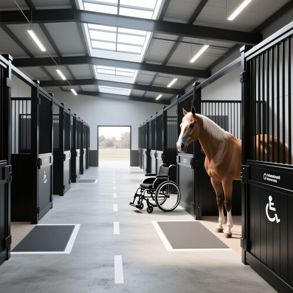 A modern horse stable with black stalls featuring wheelchair accessibility symbols, a brown horse standing in one stall, and a wheelchair placed in the aisle.