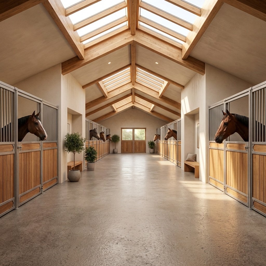 Hyperrealistic interior photography of a horse stable aisle designed for wheelchair accessibility, extra wide pathway, smooth non-slip flooring, horses visible in stalls, soft natural lighting from skylights, clean and safe environment, architectural digest style, no text, no signage, no letters, --ar 16:9 --stylize 250 --no text, typography, letters, signage