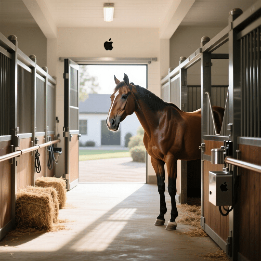 A well-lit stable hallway featuring modern horse stalls with galvanized steel and powder-coated finishes, a brown horse standing in one of the stalls, and neatly arranged hay bales along the corridor.