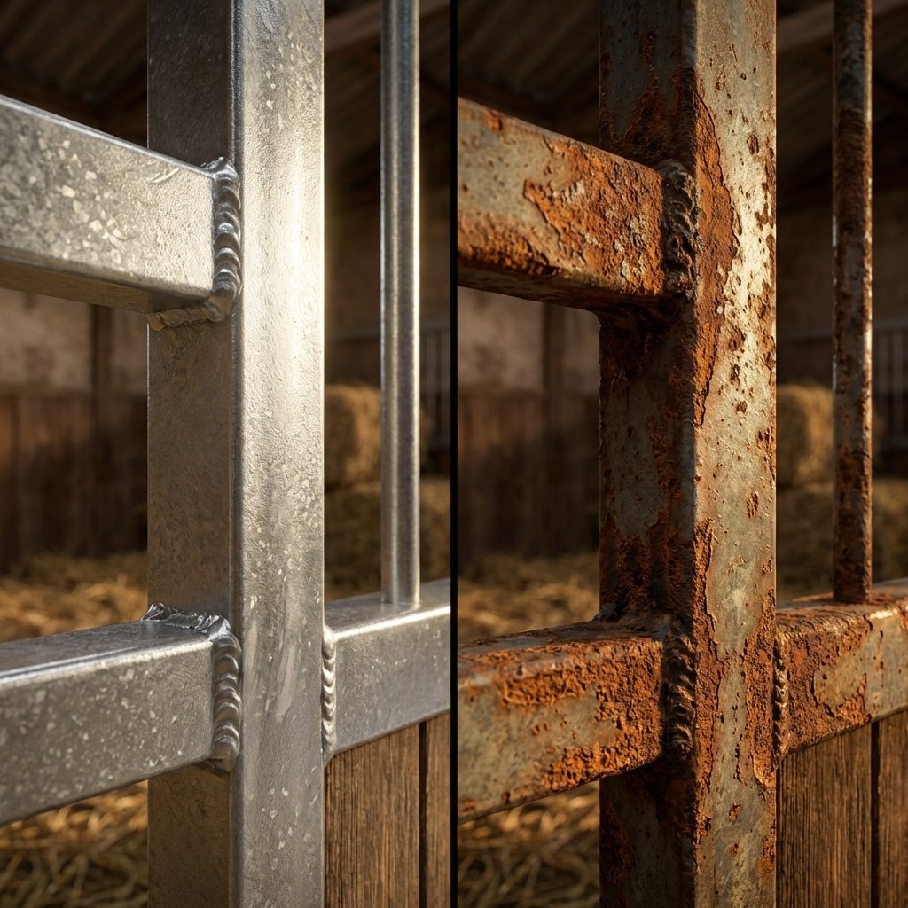 Hyperrealistic product photography close-up macro shot of horse stall metal welding joints, split composition, one side showing shiny hot-dip galvanized steel welds, the other side showing rusted corroded welds on a pre-galvanized unit, dramatic lighting highlighting the texture difference, inside a horse stable environment, absolutely no text, no signage, no letters, no words visible anywhere --ar 16:9 --style raw --v 6.0