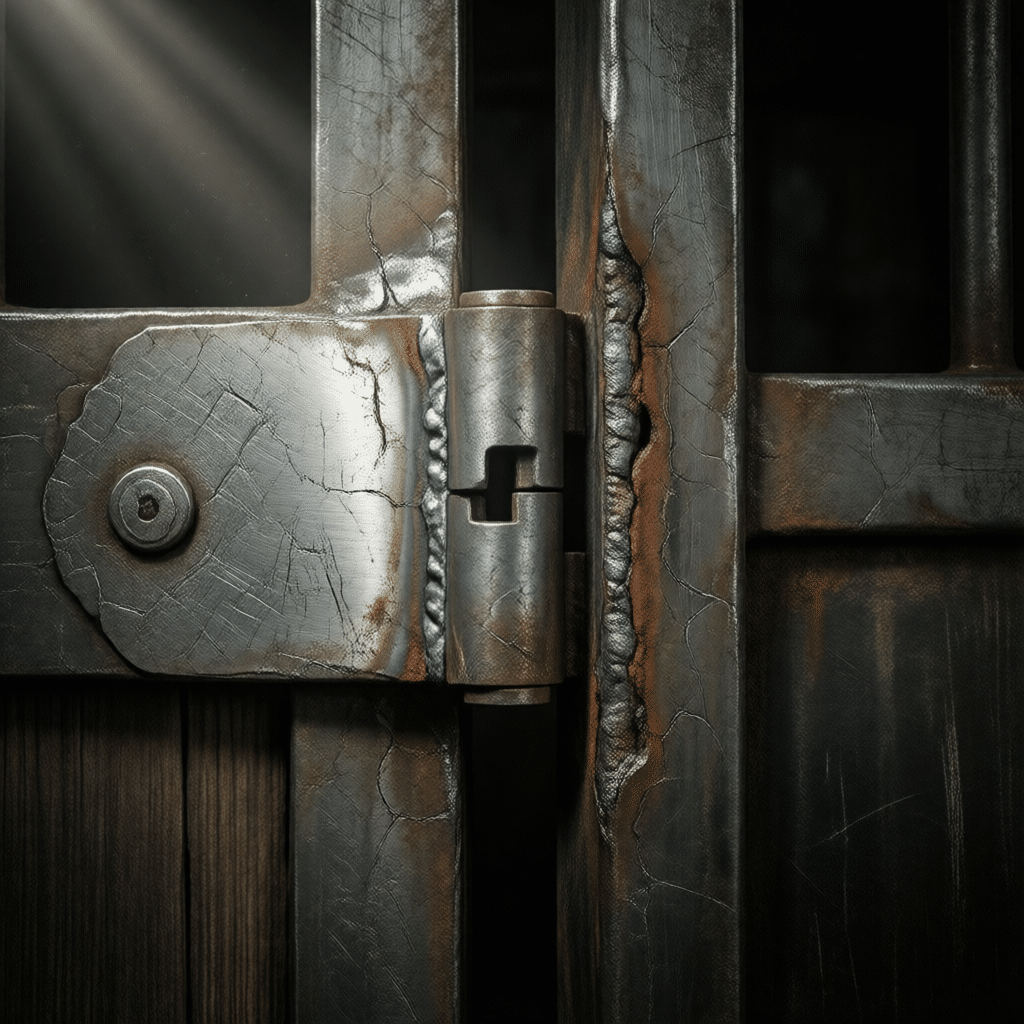 hyperrealistic product photography close-up macro shot of horse stall door hinge and welding seam, industrial lighting, metallic texture of Q345B structural steel, sharp focus, dark moody atmosphere, highlighting quality vs corrosion, aspect ratio 16:9, no text, no letters --ar 16:9 --no text