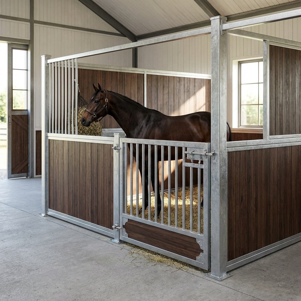 hyperrealistic product photography of a 12x12 modular horse stall kit installed in a bright barn, showcasing the exact spatial benchmark, a thoroughbred horse standing comfortably inside demonstrating the room, hot-dip galvanized steel frames, 304 stainless hardware visible, clean aesthetic, horse stable environment, no text, no signage, 16:9 aspect ratio --ar 16:9 --stylize 250 --v 6.0