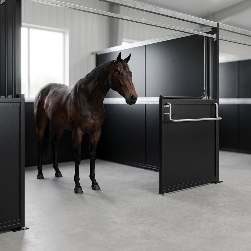 Hyperrealistic product photography inside a spacious 12x12 horse stall, black matte steel partitions, ample room for a thoroughbred horse to turn around safely, hot-dip galvanized finish, clean concrete floor, equestrian safety standard, soft daylight illumination, depth of field focusing on the horse and stall structure, no signage, no text, 16:9 aspect ratio --ar 16:9 --stylize 250 --v 6.0