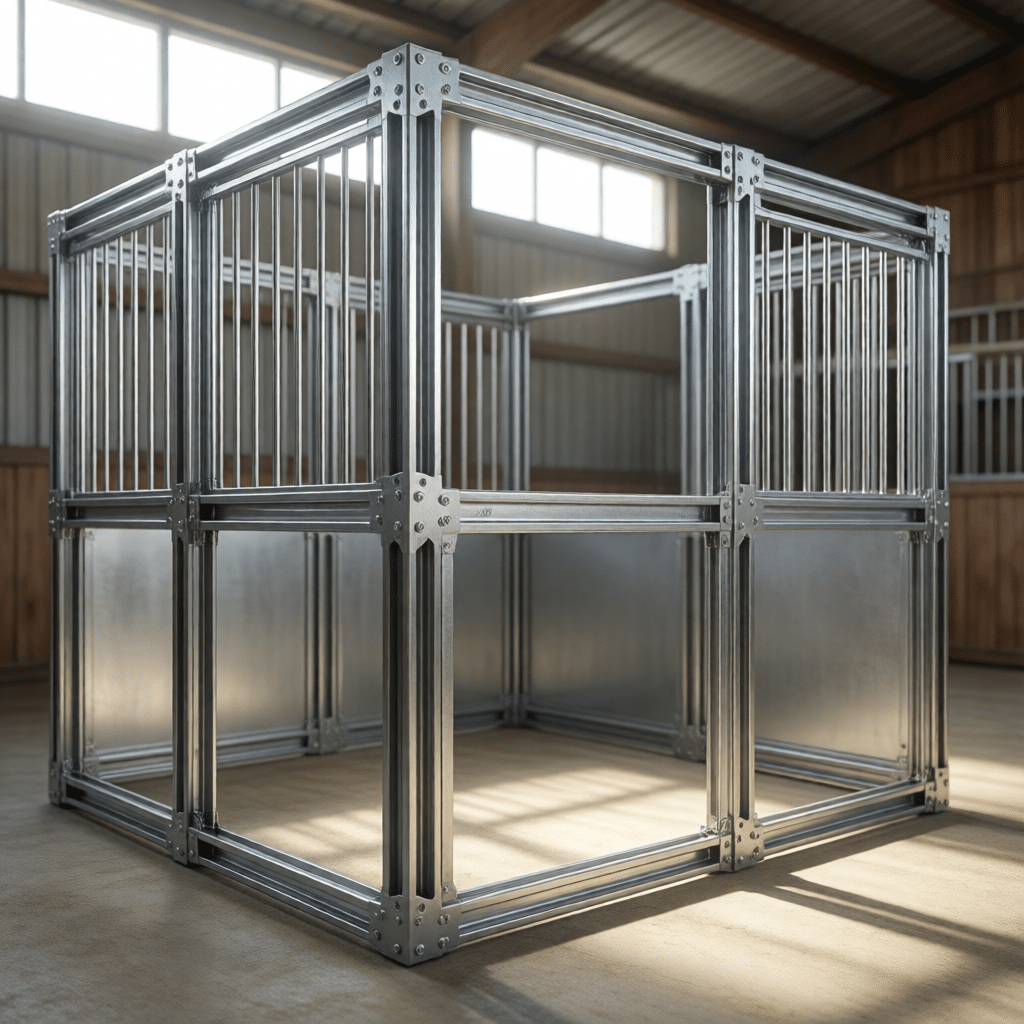 A galvanized steel horse stall enclosure with vertical bars and a sturdy frame, designed for secure and durable use in stable environments.