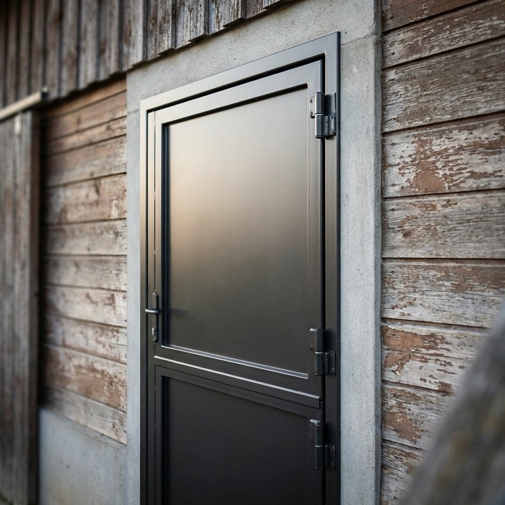 A close-up of a modern, black stable door with dual hinges, set within a weathered wooden wall, showcasing durable design for horse stalls.