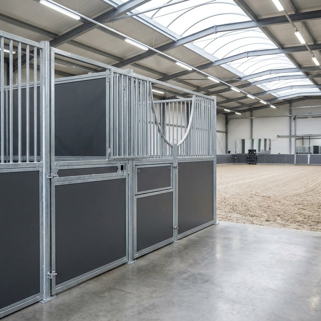 A spacious indoor stable featuring modern horse stalls with galvanized steel frames and black panels, set against a sandy arena under a curved glass roof.