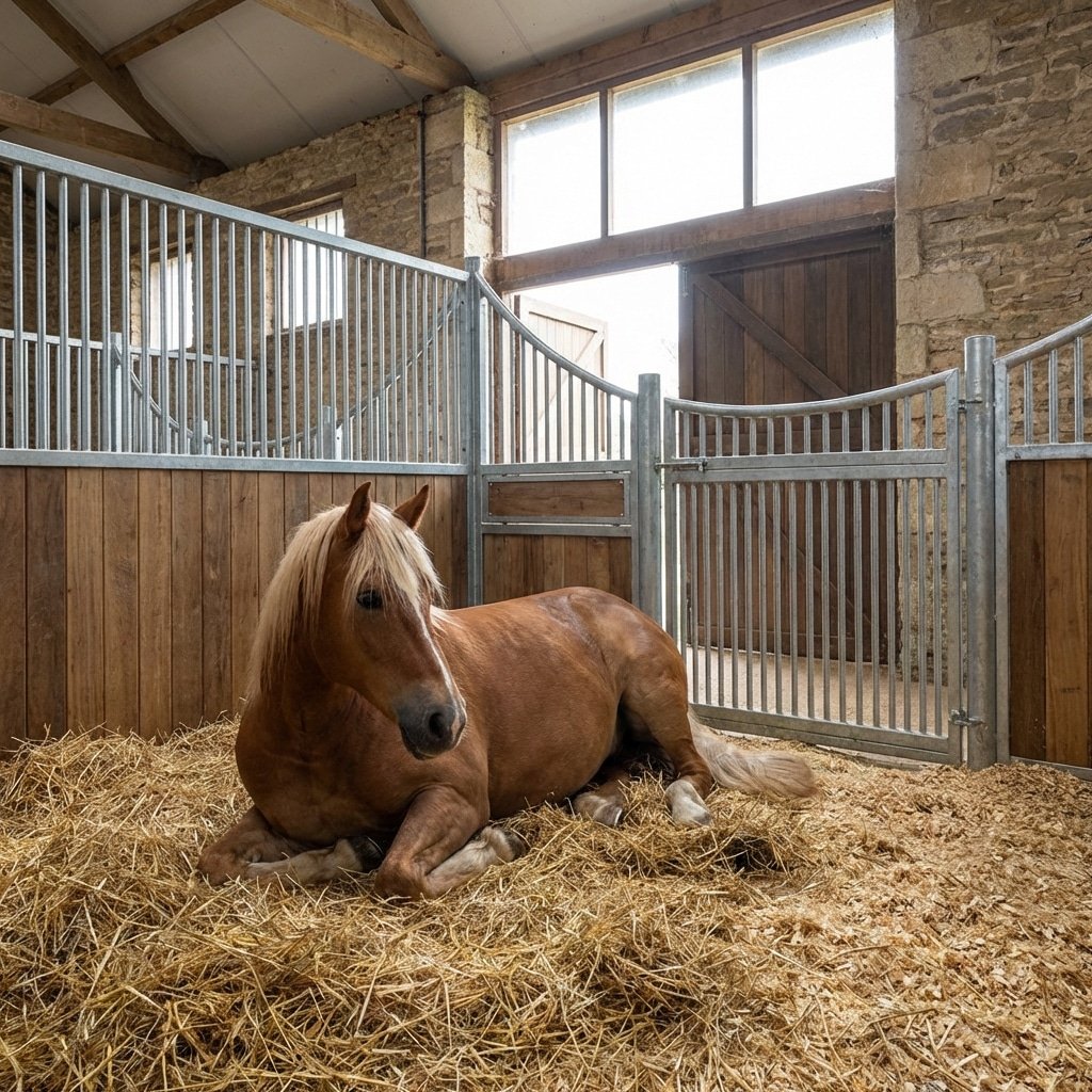 hyperrealistic product photography of a spacious horse stall compliant with welfare standards, a chestnut horse lying down comfortably on deep bedding within a Horse Stable, wide angle view showing generous dimensions implicitly, galvanized steel barriers, soft diffuse lighting, UK barn architecture, 16:9 aspect ratio, no text, no signage, no English characters in scene --ar 16:9 --style raw
