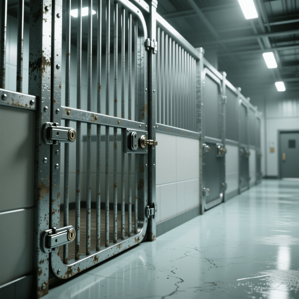 A row of galvanized steel horse stalls with secure locking mechanisms, showcasing durable stable equipment for export.