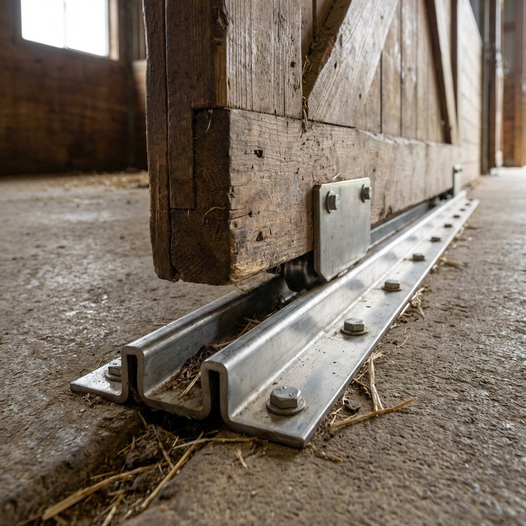 hyperrealistic product photography, close-up shot of a bottom guide mechanism on a sliding horse stalls door, stainless steel hardware anchored into high-density concrete floor, Horse Stable context, detailed texture, 16:9 aspect ratio, no text, no signage --ar 16:9 --style raw --v 6.0