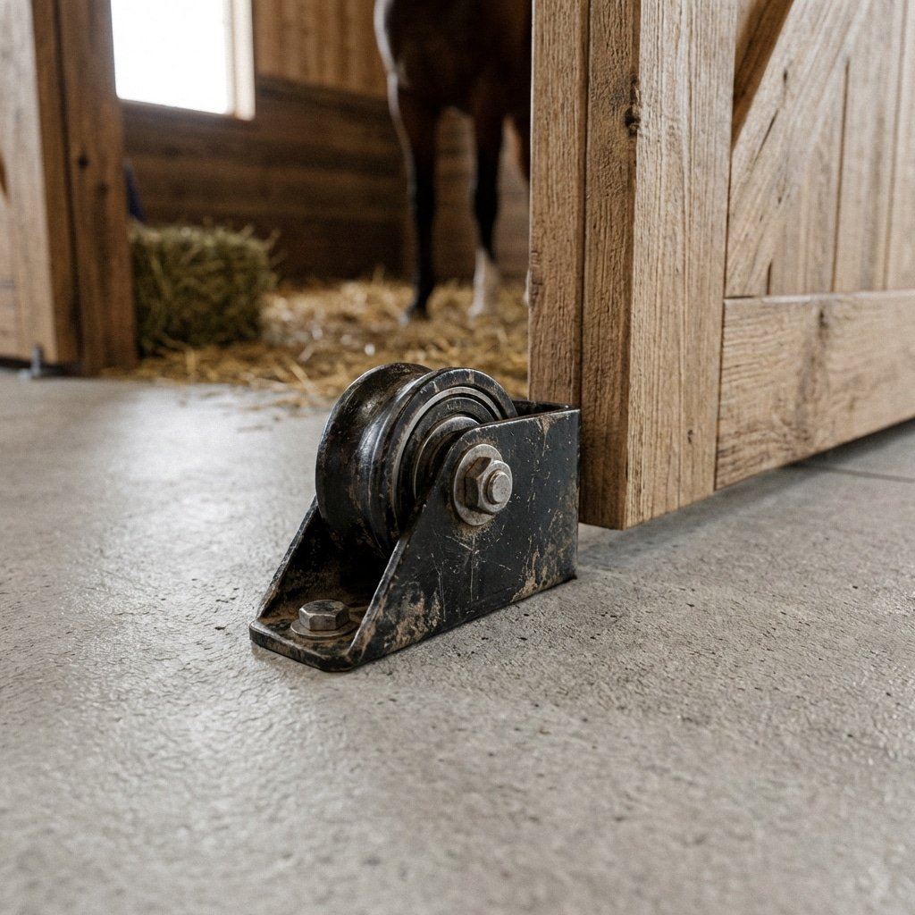 A close-up view of a black metal door roller attached to a wooden stable door, with a horse visible in the background inside the stall.