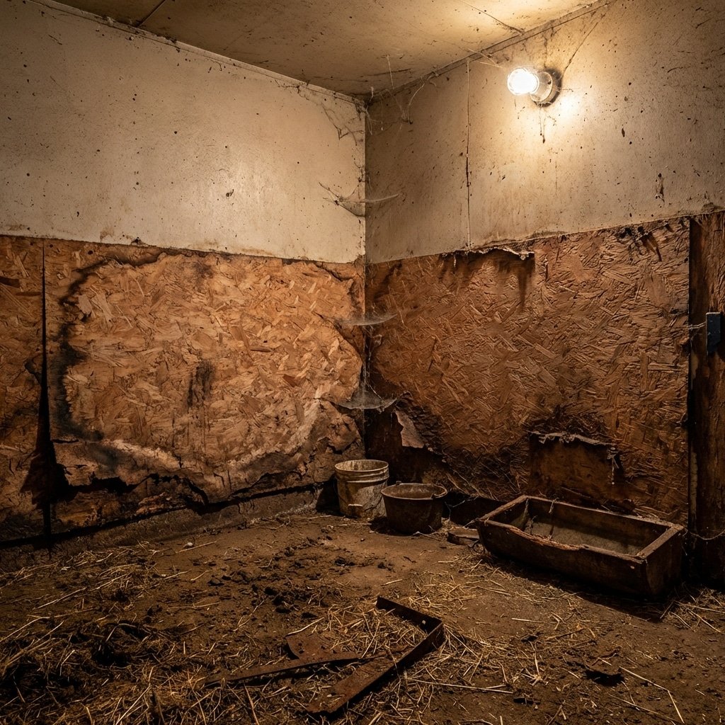 A dimly lit corner of a horse stall featuring worn wooden panels, a metal bucket, a hay feeder, and scattered hay on the floor, illuminated by a single light bulb.
