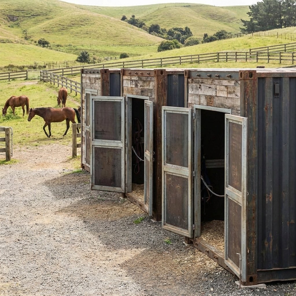 hyperrealistic product photography of modular horse stable units made from shipping containers arranged in a row, sustainable agriculture setting, heavy duty horse stalls installed inside, horses walking nearby, steel texture details, natural lighting, photorealistic, no text --ar 16:9 --no text