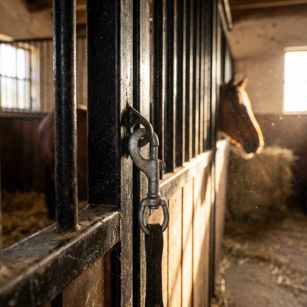 hyperrealistic product photography, close-up shot of a zinc double end snap attached to a black metal horse stall door bar, stable background blurred, a horse visible in the distance inside the stall, natural sunlight streaming through stable windows, highlighting the metallic texture, 16:9 aspect ratio --ar 16:9 --no text, letters, words, signage, branding