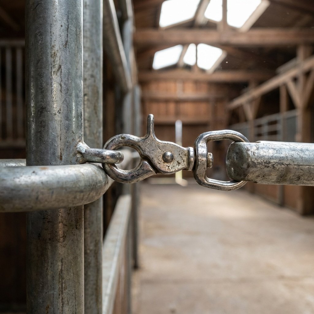 hyperrealistic product photography, close-up view of a zinc double end snap hook attached to a tubular horse stall guard, metallic texture showing slight wear, background shows a wooden horse stable aisle with concrete floor, natural daylight streaming from above, detailed focus on the snap mechanism --ar 16:9 --no text, letters, words, signage, branding