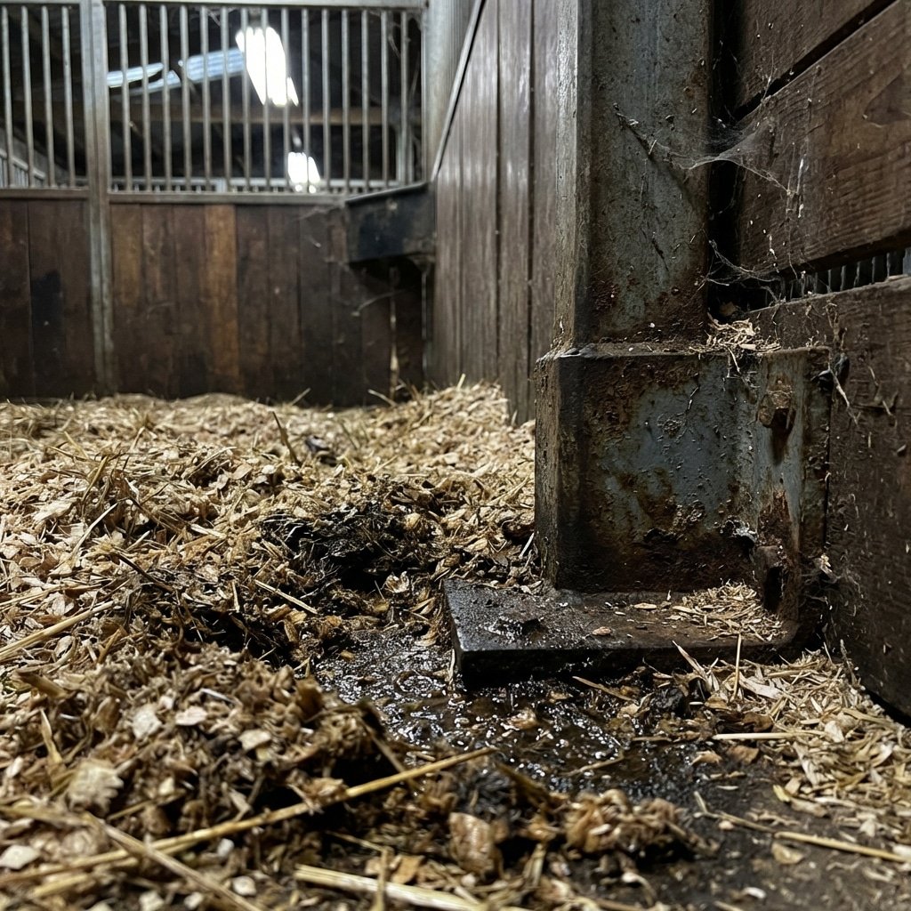 Hyperrealistic close-up shot inside a horse stable, focusing on the corner where wood shaving bedding meets the steel horse stall base plate, moisture visible in the bedding suggesting ammonia environment, industrial lighting, detailed texture of straw and steel, horse stable context, --ar 16:9 --no text, letters, words, watermark, signature
