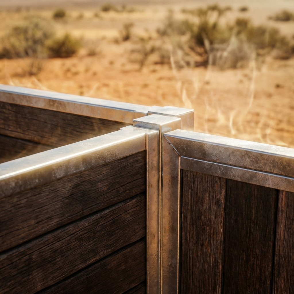 hyperrealistic product photography close-up of a horse stable exterior under extreme UV sunlight, heat distortion in the air, hot-dip galvanized steel corners shining, robust structure resisting harsh climate, Australian dry landscape background, warm color tone, 16:9 aspect ratio, no text, no letters, no signage --ar 16:9