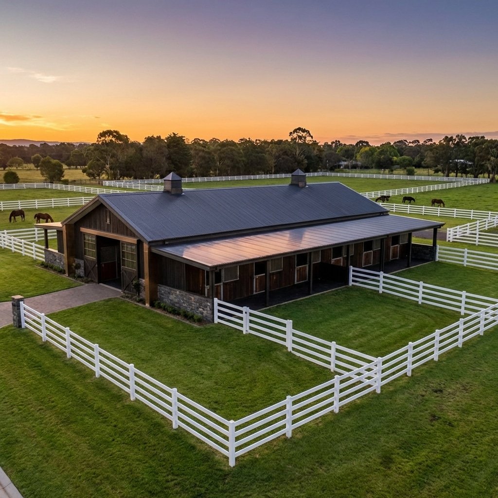 Aerial view of a modern horse stable with white fencing and green pastures during sunset, featuring multiple horse stalls and open areas for grazing.