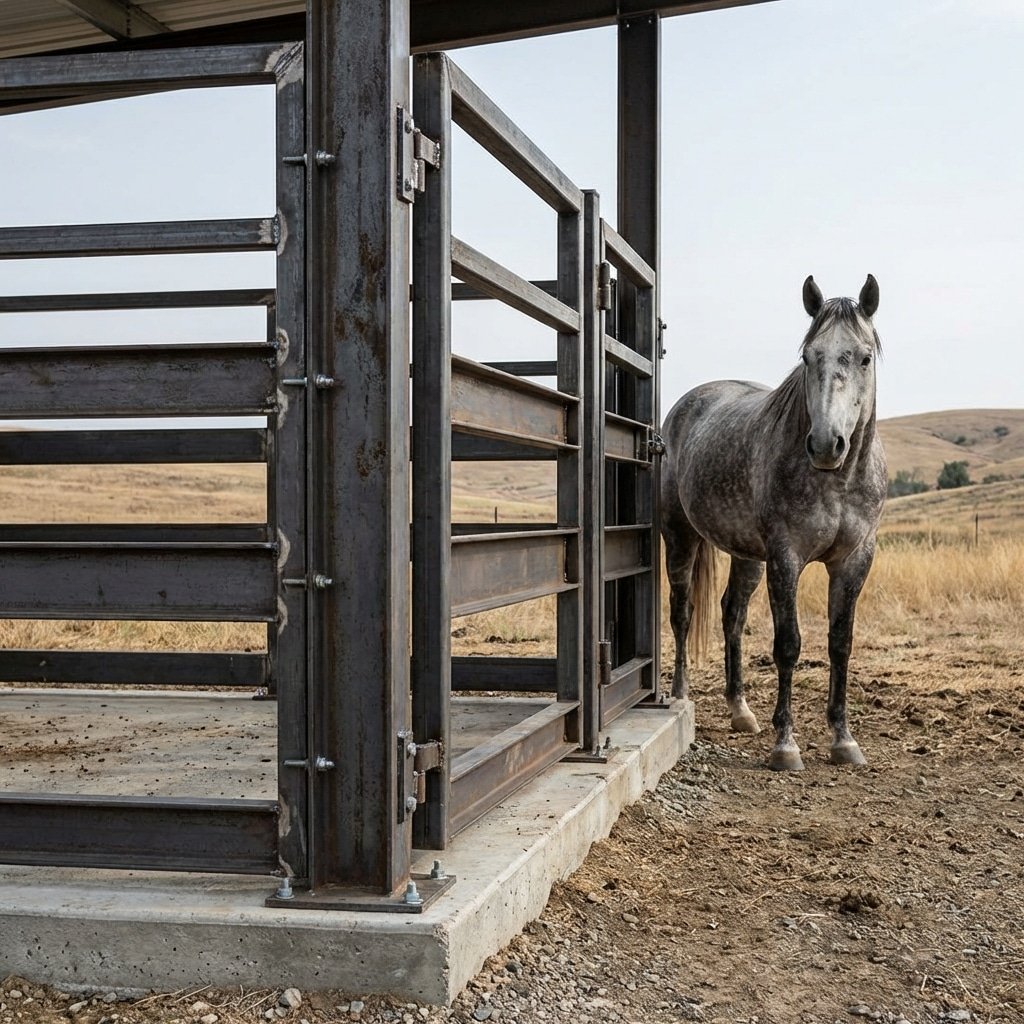 hyperrealistic product photography of sturdy horse stall panels converted into a permanent shelter, Q235B structural steel frames, anchored to concrete, a grey horse standing peacefully nearby, natural outdoor environment, emphasizing stability and permanence, detailed metal texture, 16:9 aspect ratio, no text, no letters, no typography --ar 16:9 --style raw --v 6.0