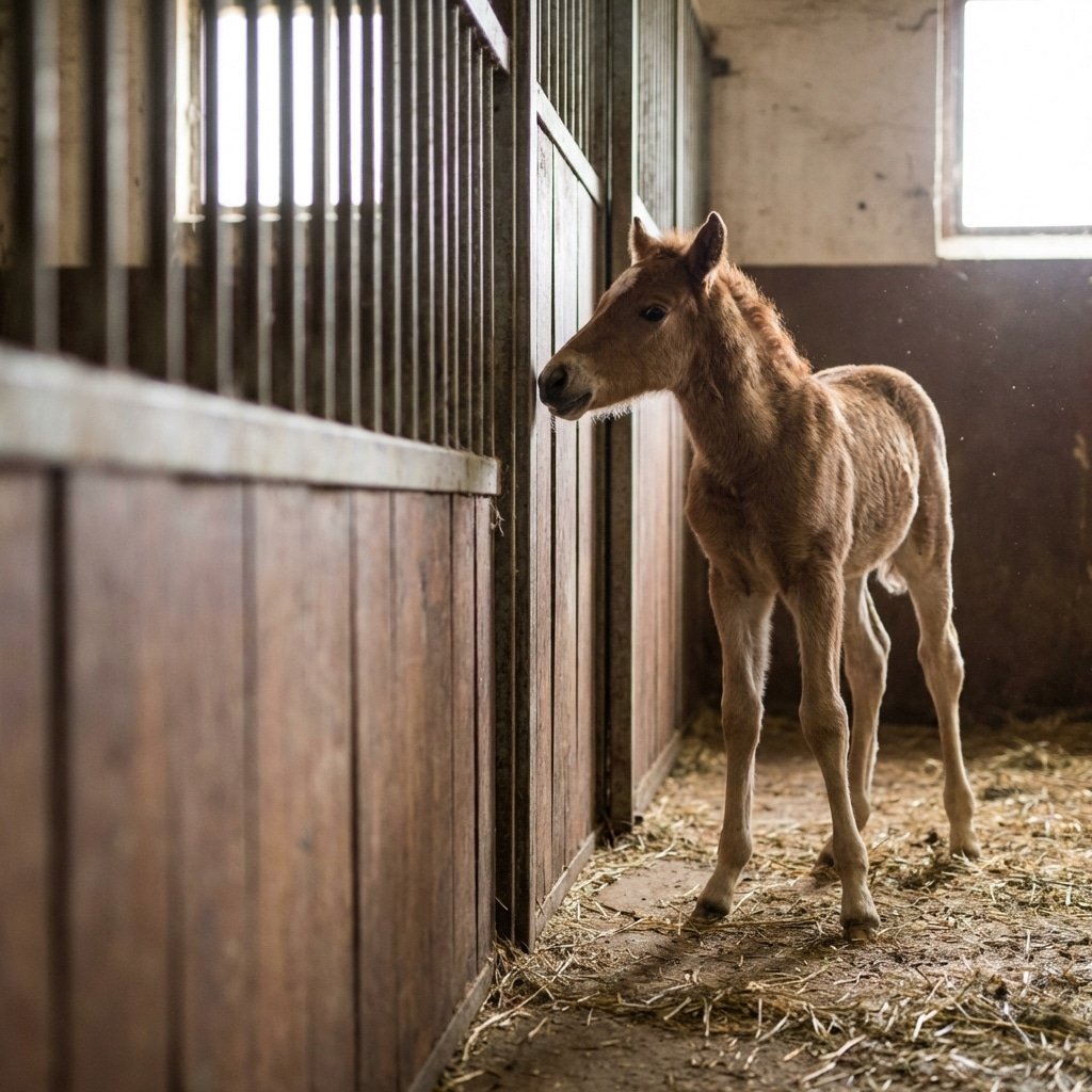 hyperrealistic product photography inside a horse stable, close-up view of a newborn foal exploring near a horse stall divider wall, soft focus on the safe solid lower partition, natural daylight, emphasizing curiosity and safety within the horse stalls, no text, no signage, no letters --ar 16:9 --style raw --v 6.0