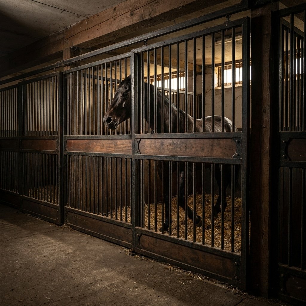Hyperrealistic product photography of a horse stall viewed from the safe aisle, a horse showing agitation inside the stall, strong steel bars separating the horse from the handler space, dramatic shadows emphasizing safety barriers, robust horse stable construction, detailed metal texture, moody lighting, no text, no signage, no letters --ar 16:9