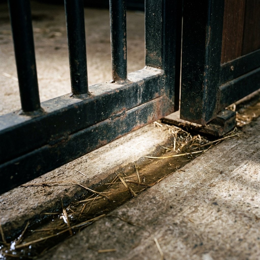 马厩隔断底部特写镜头,黑色热浸镀锌钢管与混凝土地面之间留有五十毫米空隙,排水沟清晰可见,光线聚焦于缝隙,超写实细节,十六比九构图,画面无文字