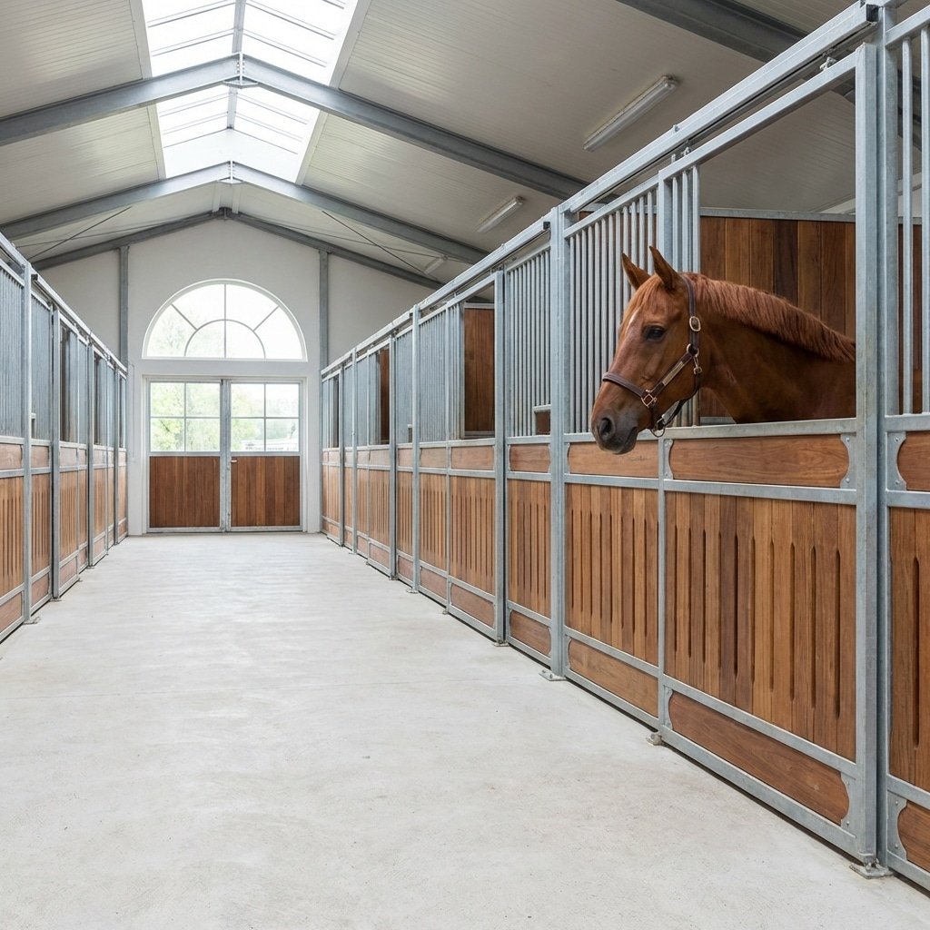 Hyperrealistic product photography of interior horse stable aisle designed for wheelchair accessibility, wide corridor between Q345B steel horse stalls, zero-threshold sliding doors, clean non-slip flooring, soft natural light, a horse head visible over stable door, professional real estate photography, 16:9 aspect ratio, no text, no signage --ar 16:9 --style raw --v 6.0