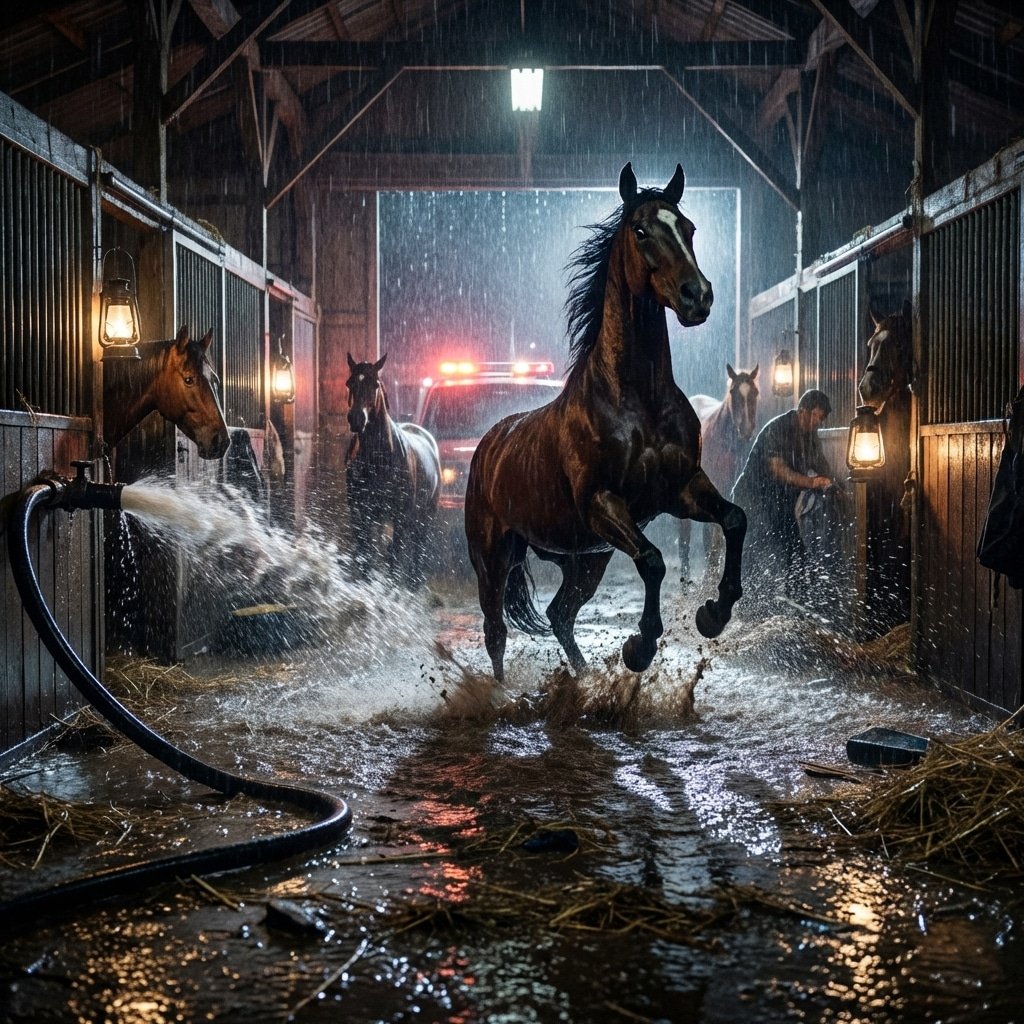 深夜马厩灾难场景,破裂的塑料水管正在喷水,地面积水,马匹受惊,昏暗灯光,戏剧性阴影,超写实摄影,16:9 比例