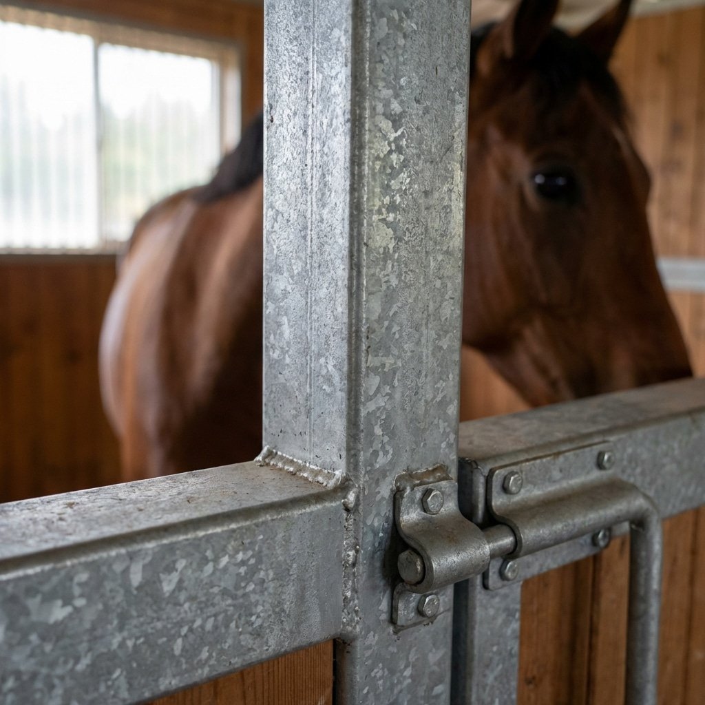 hyperrealistic product photography, close-up shot of a durable Q235B structural steel horse stall corner, hot-dip galvanized finish texture, a healthy brown horse standing inside the stable, detailed metalwork, secure latch mechanism, indoor stable environment, soft natural lighting highlighting the metal texture, no text, no signage, no letters --ar 16:9 --style raw --v 6.0