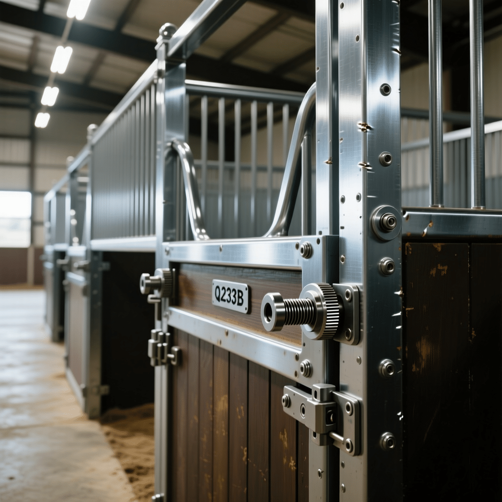A close-up view of a galvanized steel horse stall gate with a wooden door, featuring a secure locking mechanism and a labeled identifier 'Q233B' in a well-lit stable environment.