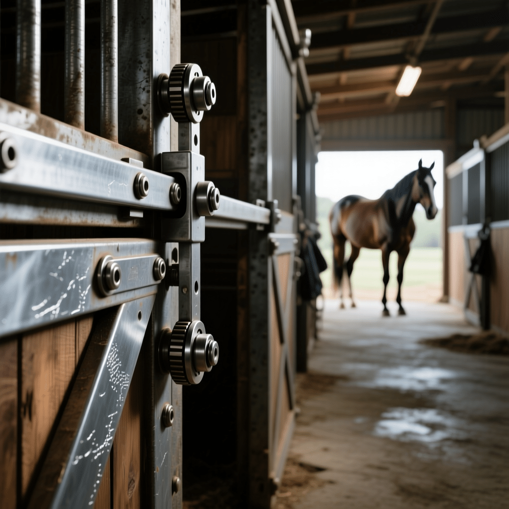 A close-up view of galvanized steel stable panels with a horse standing in the background, showcasing durable and high-quality horse stall equipment.