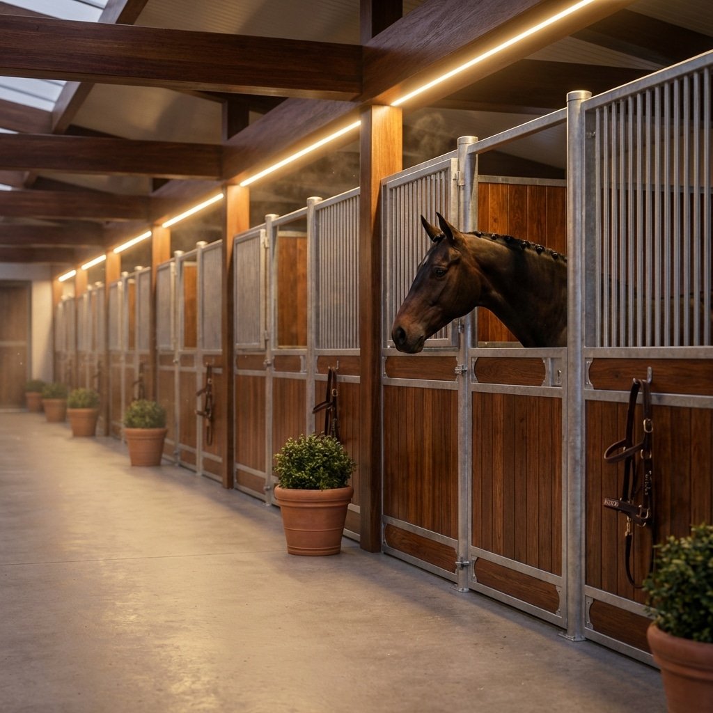 hyperrealistic product photography of a 5-star horse resort stable interior, row of high-end horse stalls, galvanized steel frames with polished wood partitions, warm ambient lighting, clean concrete aisleway, majestic horse looking out over door, resort quality finish, depth of field --ar 16:9 --no text